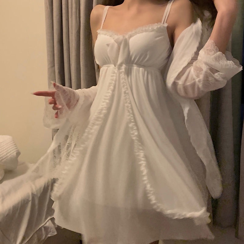 Cổ Phiếu Sẵn Sàng❣Bộ Đồ Ngủ Pajamas Hai Dây Dáng Rộng Phối Ren Kiểu Công Chúa Ngọt Ngào Phong Cách Hàn Quốc Thời Trang Xuân Thu Dành Cho Nữ