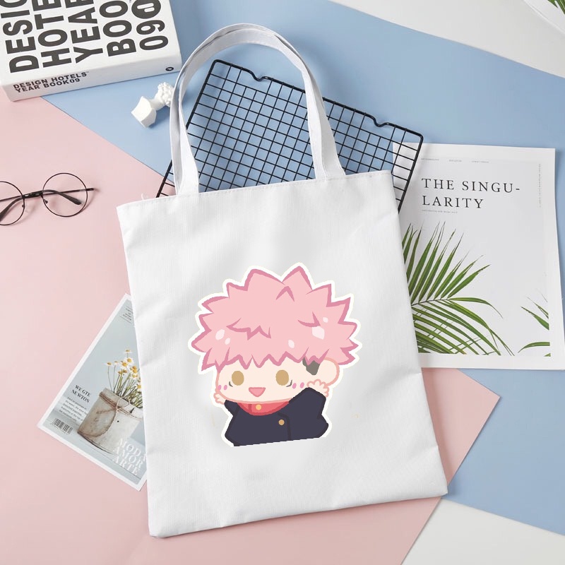 Túi tote vải đen trắng in hình JUJUTSU KAISEN VER TẬP THỂ DỤC anime chibi dễ thương