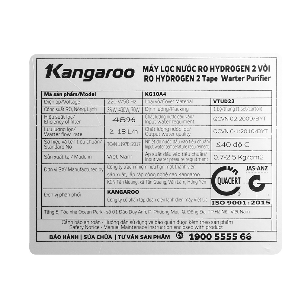 Máy lọc nước R.O nóng lạnh Hydrogen Kangaroo KG10A4VTU 10 lõi