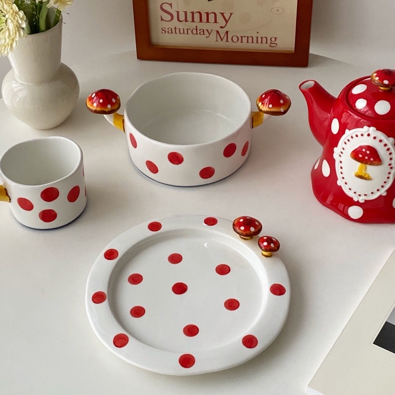 Set bát đĩa ấm tách gốm họa tiết dáng nấm siêu dễ thương