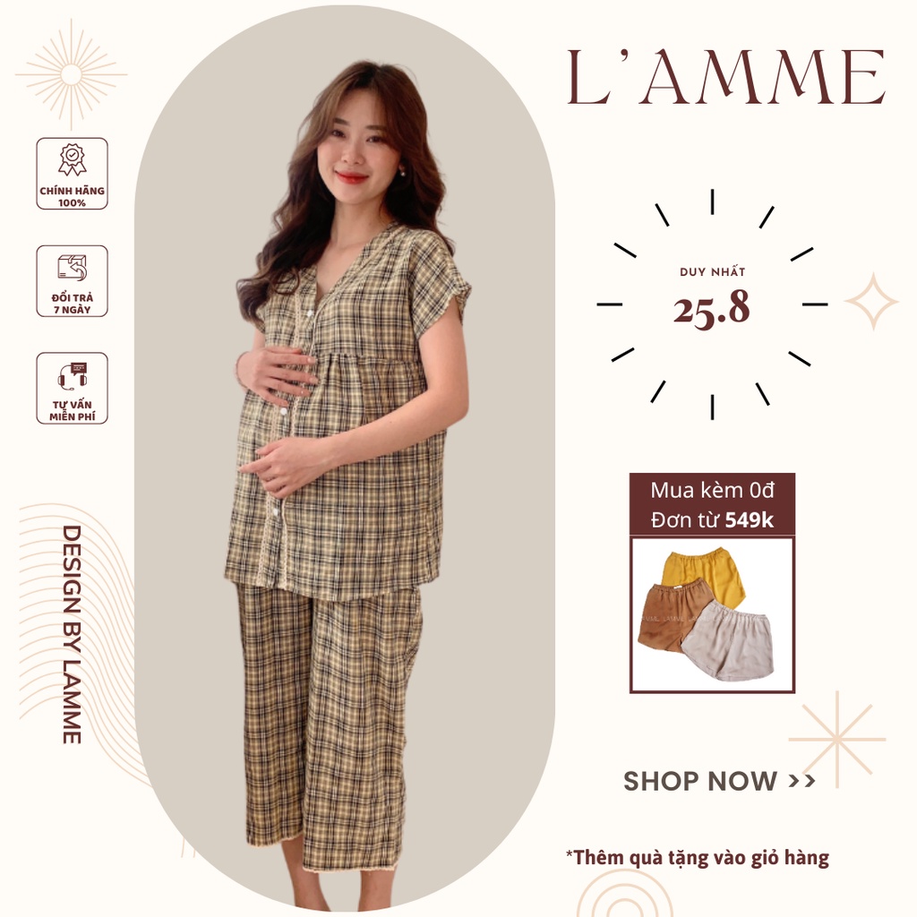 Bộ đồ mặc nhà BL01 họa tiết caro cùng chất kate Hàn, quần có chun rút điều chỉnh bụng by LAMME