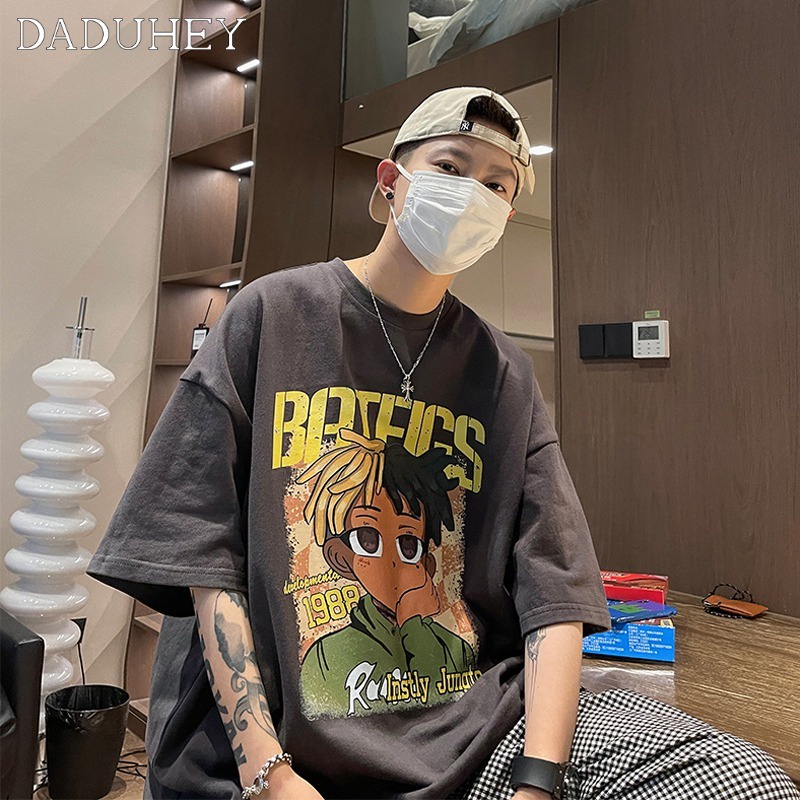 DaDuHey Men's Summer American Retro Fashion Brand Short Sleeve T-shirt Loose Hip Hop High Street Fashion Boys T-shirt