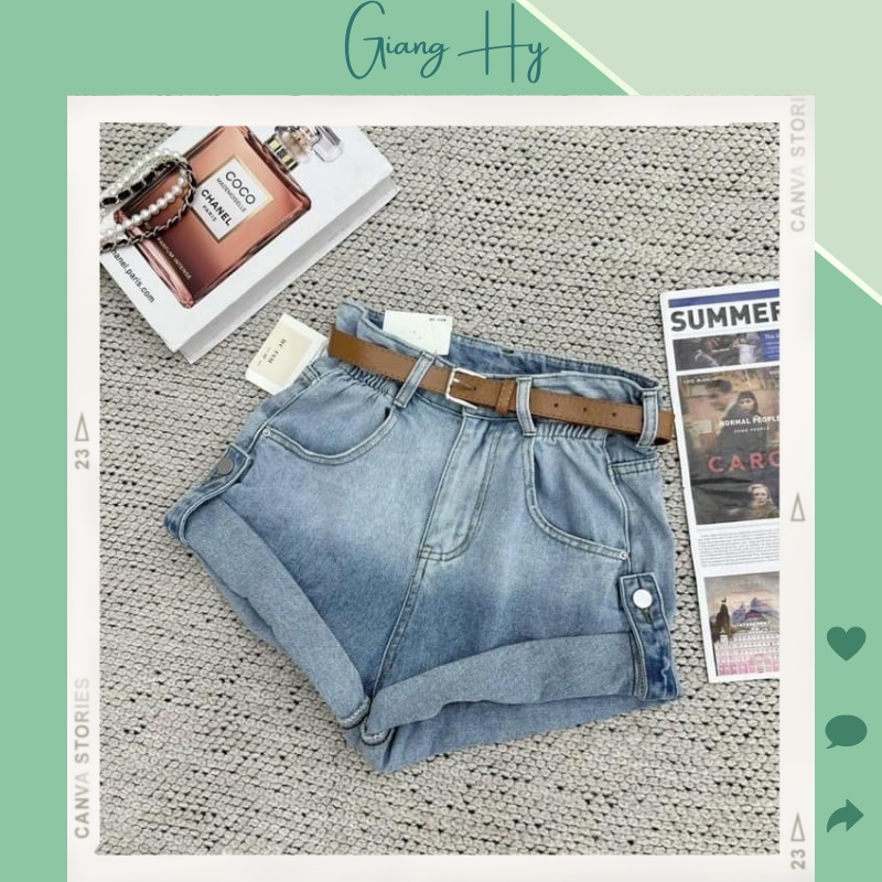 Quần short jean nữ cạp cao dày dặn ống rộng GẤP GẤU