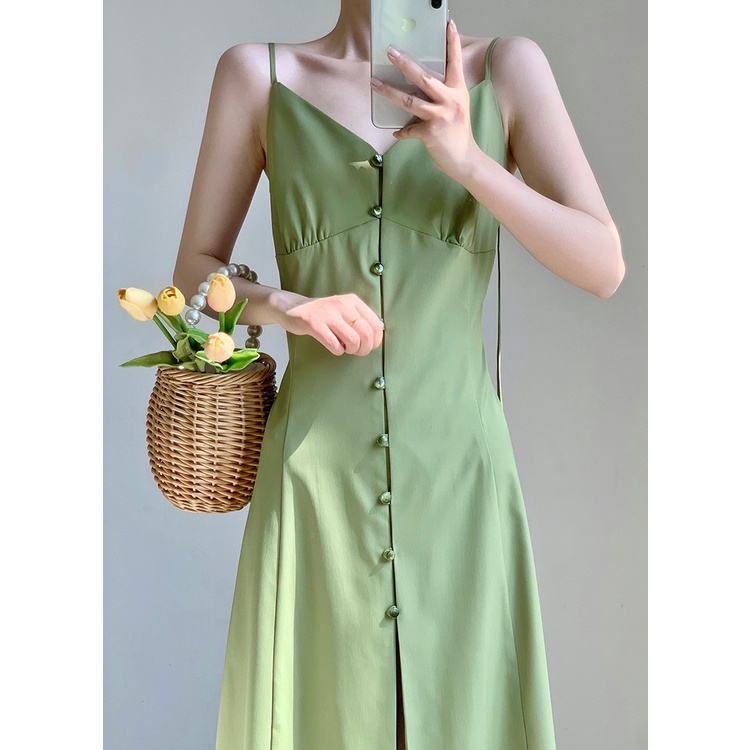 Đầm lụa midi hai dây cột phối nút gài Matcha Dress