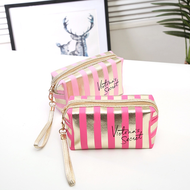 Túi Đựng Mỹ Phẩm Bằng Da PU Họa Tiết Sọc Vàng Ánh laser Nhỏ Gọn Tiện Dụng Cho Nữ