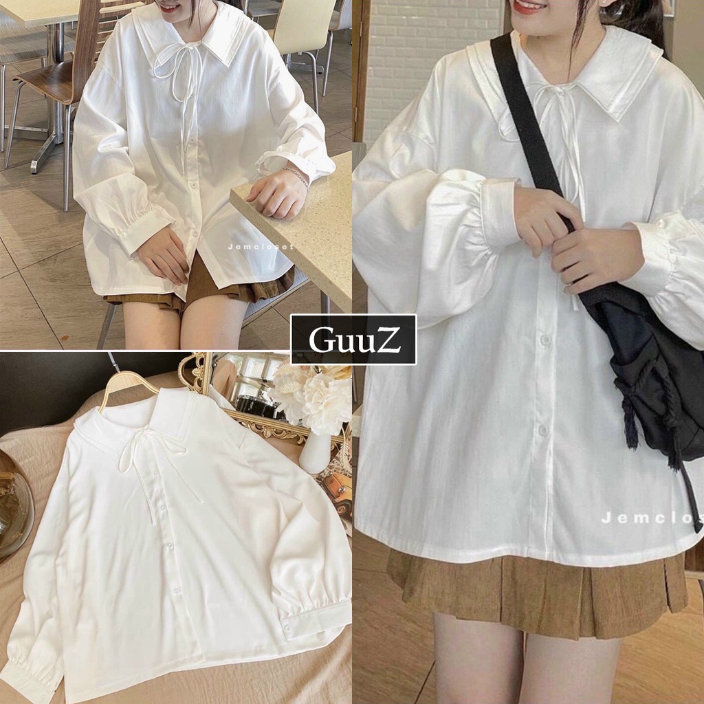 Áo sơ mi cổ PETET nữ màu trắng buộc nơ form rộng dài tay dáng ulzzang GuuZ