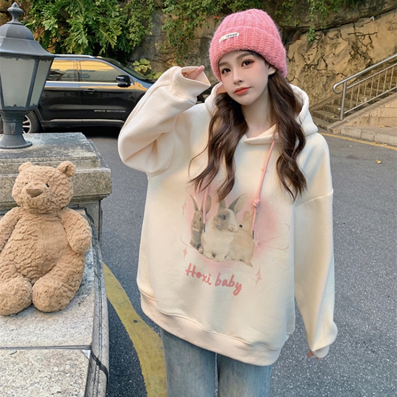 Áo Khoác Tay Dài Có Nón Lót Lông Cừu Dày Dặn Dáng Rộng In Họa Tiết Hoạt Hình