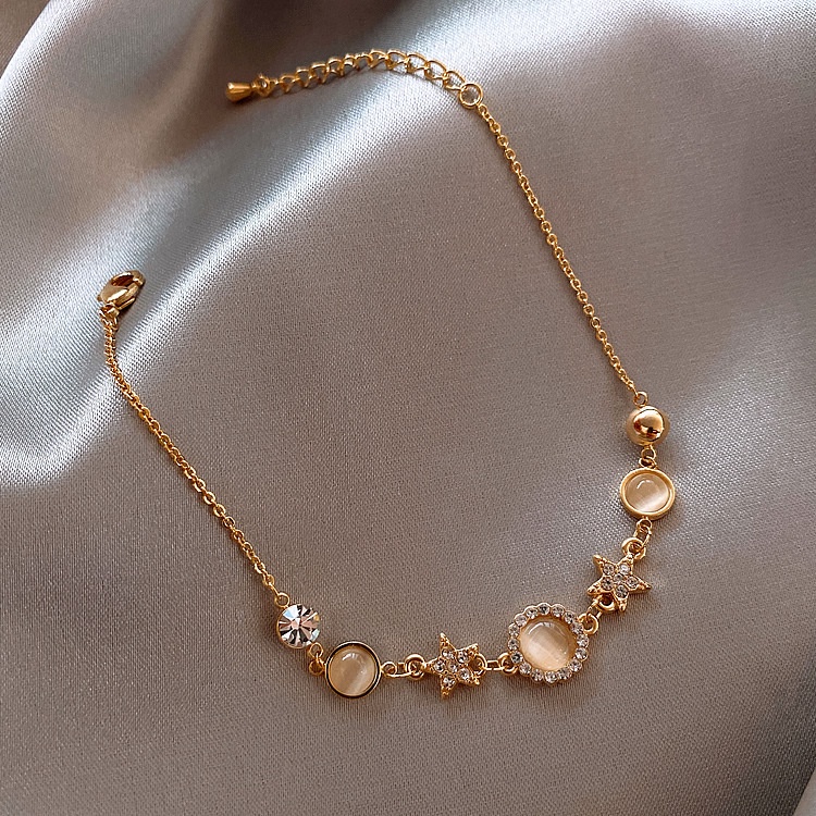 Vòng Tay Lắc Tay Nữ Ngôi Sao JUNE Đính Đá Zircon Lắc Hình Bông Hoa Gắn Đá, Phong Cách Vintage
