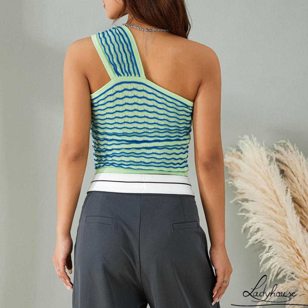 Áo Dệt Kim Không Tay Hở Vai Ôm Dáng Màu Sắc Tương Phản Dành Cho Nữ