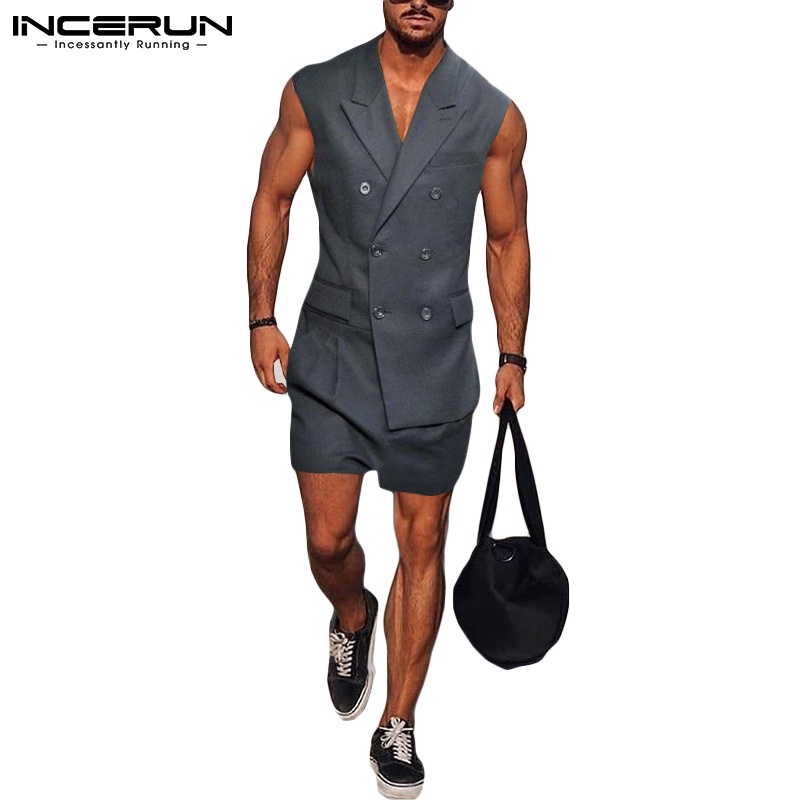 Áo liền quần ngắn INCERUN màu trơn phong cách phương Tây thời trang dành cho nam