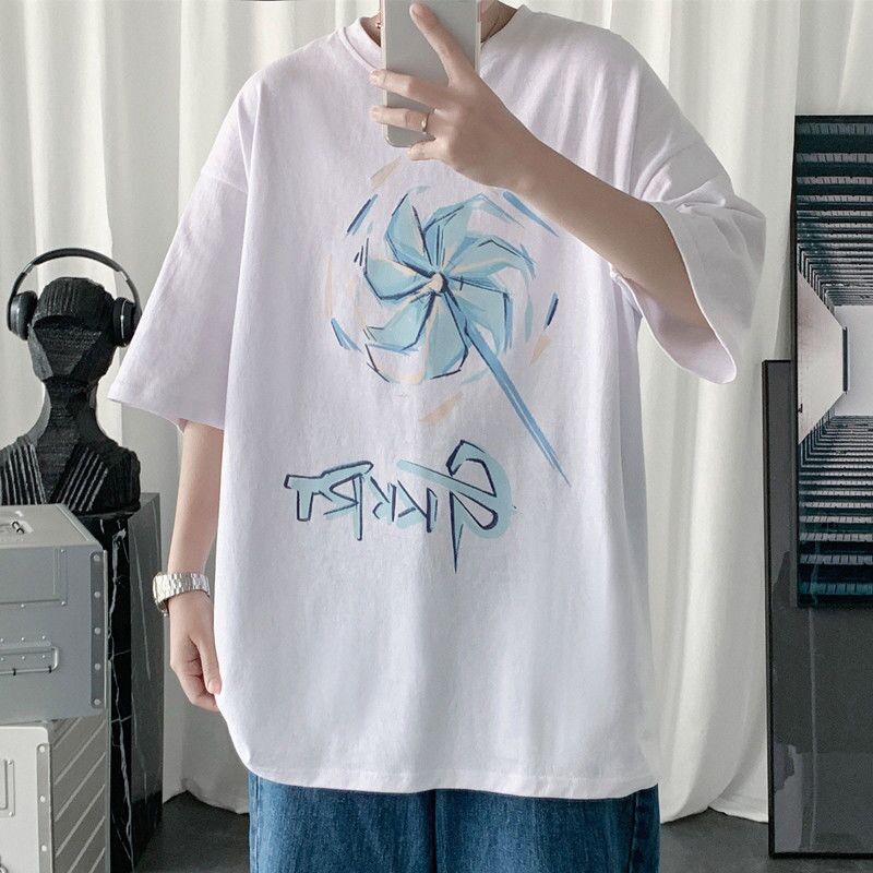 Áo thun tay ngắn cổ tròn dáng rộng in họa tiết hoạt hình phong cách Hàn Quốc thời trang cho nam