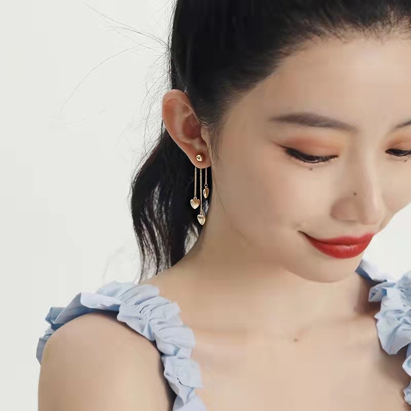 Bông Tai Mạ Bạc 925 Hình Trái Tim Phối Tua Rua Phong Cách Hàn Quốc