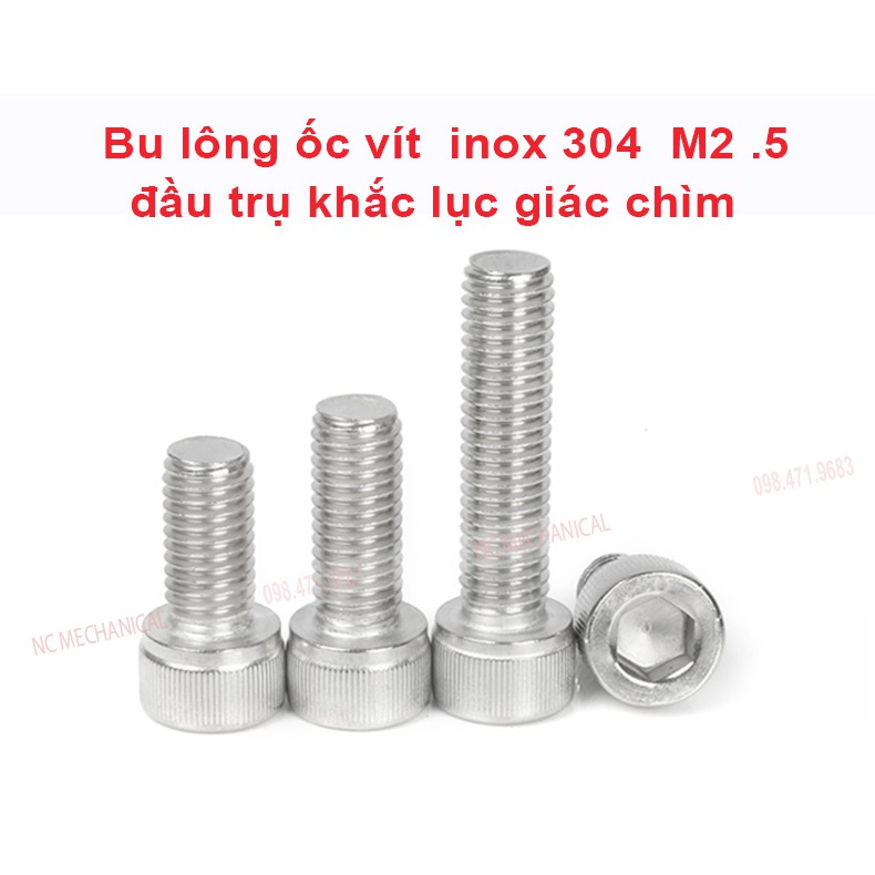 Bu lông ốc vít  inox 304  M2.5 đầu trụ khắc lục giác chìm