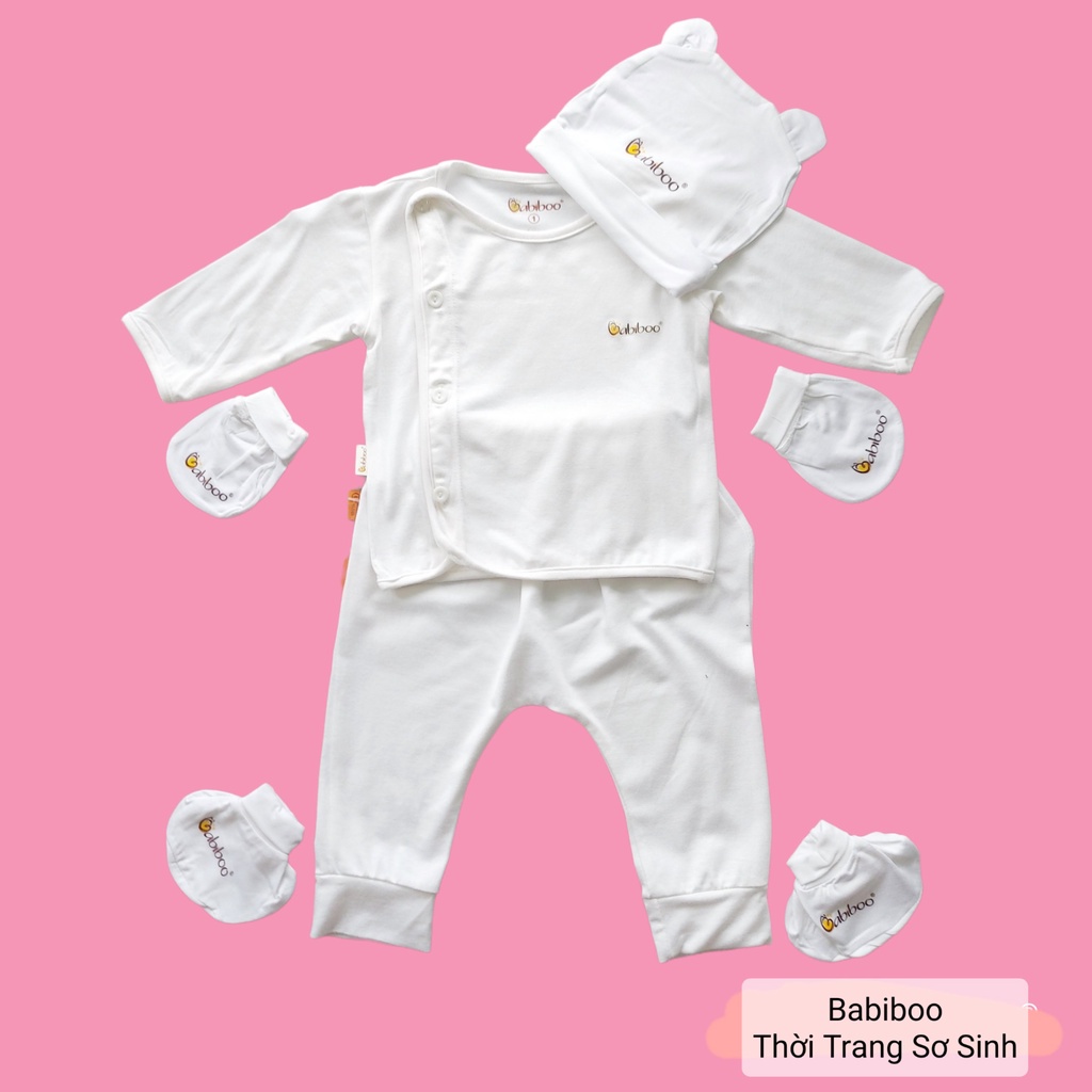 Set quần áo sơ sinh tay dài kèm nón và bao chân tay vải visco siêu mềm Babiboo cho bé