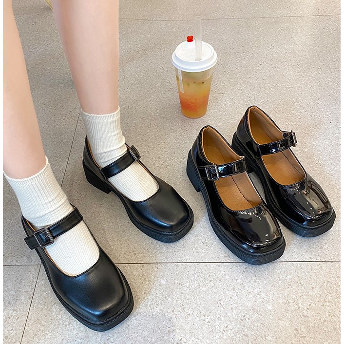 G49_GIÀY đế vuông cao gót Mary Jane mũi tròn