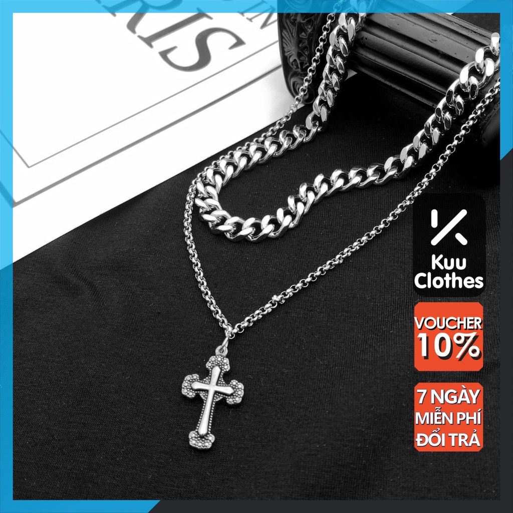 Vòng cổ nam nữ titan màu bạc Kuuclothes độc đáo cá tính 2 tầng khoá rời xích trơn và dây chuyền chữ thập - VC Đôi Carmen