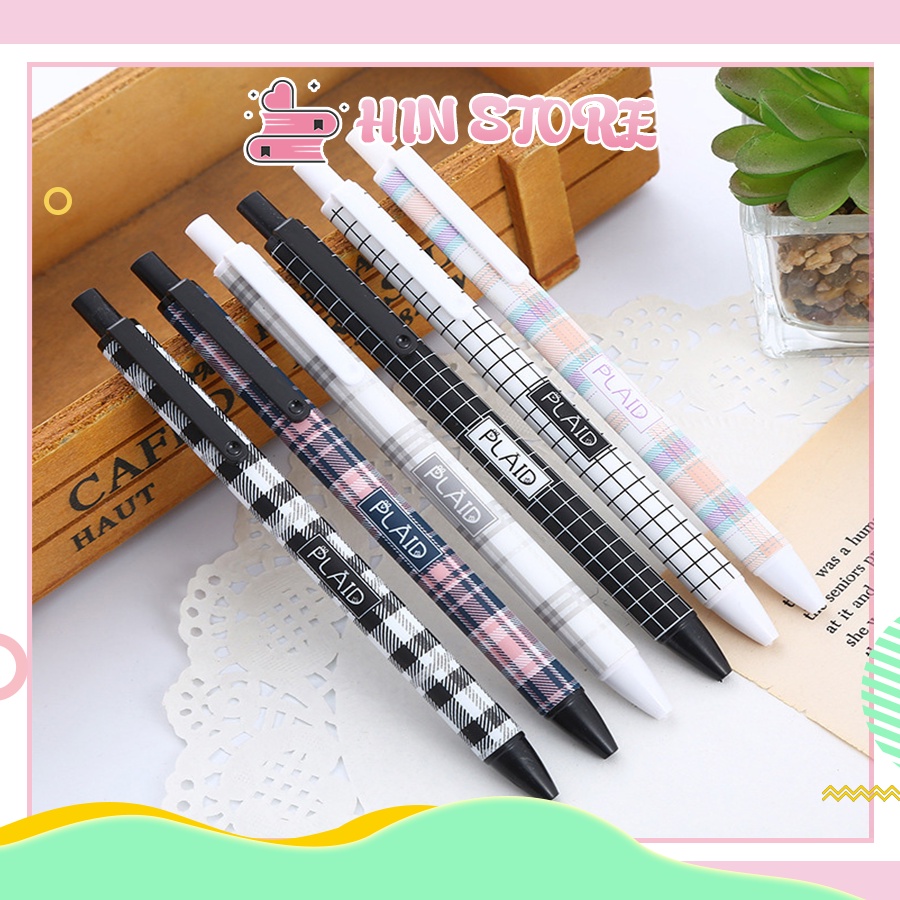 SET 6 Bút Bi Nước Mực Gel Đen Kiểu Bấm Ngòi 0.5mm Vải Kẻ Sọc Cute,Văn Phòng Phẩm, Đồ Dùng Học Tập Dễ Thương HIN BS12