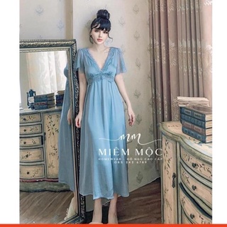 Váy ngủ lụa cao cấp ren xanh quảng châu miemmoc - hàng có sẵn