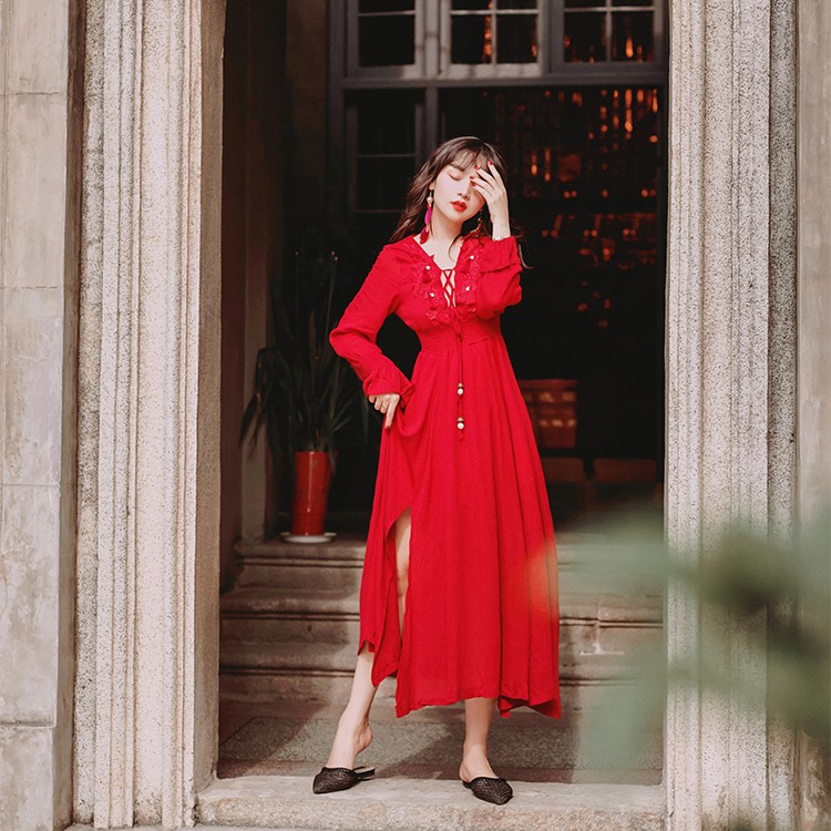 Váy maxi đỏ xẻ tà đính họa tiết boho - MS107 (Có ảnh thật) | BigBuy360 - bigbuy360.vn