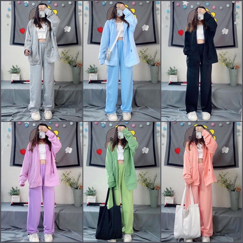 Bộ 3 Món Thu Đông Áo Khoác Hoodie Dây Kéo+Quần Dài Dây Rút Trơn