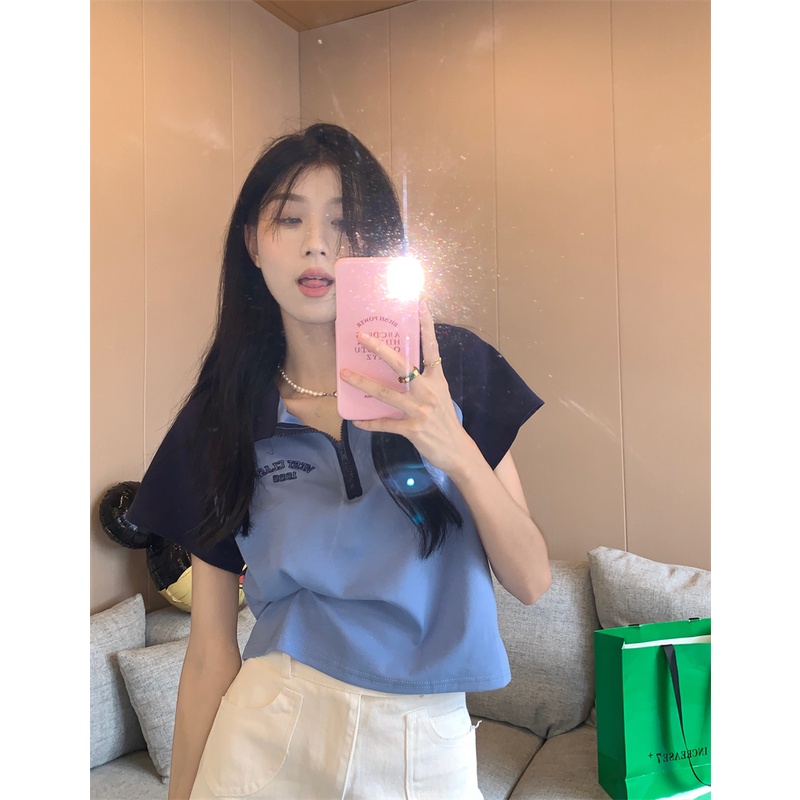 Xiaozhainv Áo Thun Croptop Ngắn Tay Cổ Polo In Chữ Phong Cách Vintage Mỹ