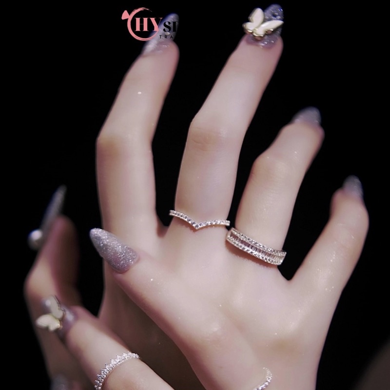 Nhẫn bạc ta chữ V nạm đá nhẫn 1 hàng đá cách điệu nhẫn nữ bạc thật có size to