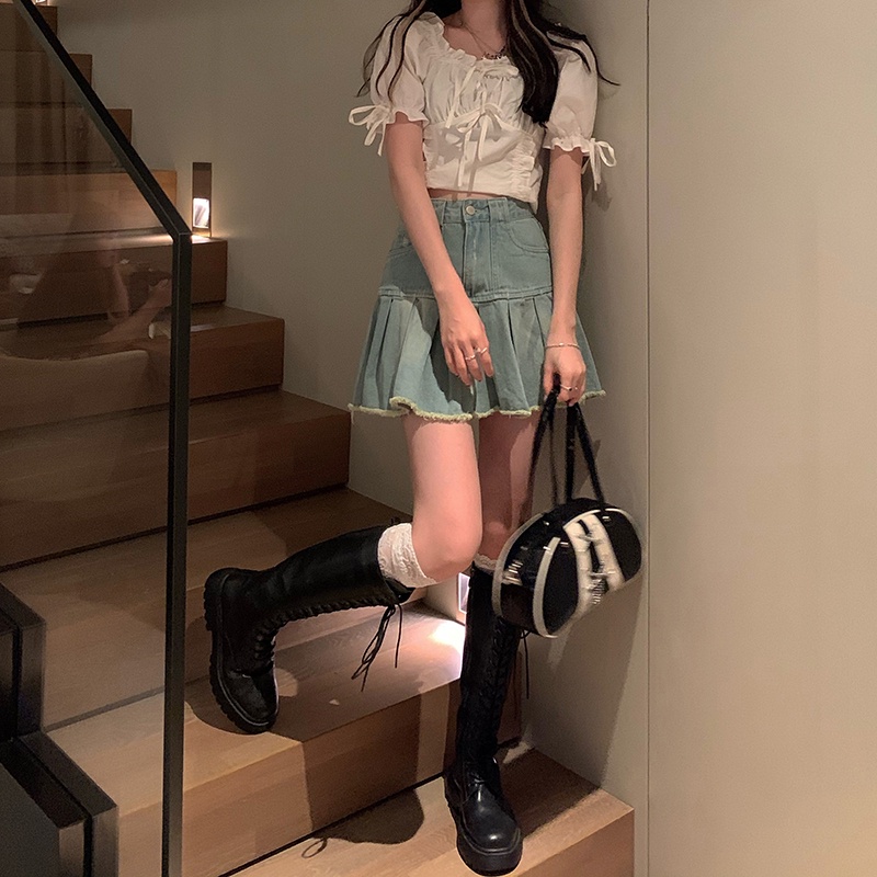 chân váy jean Ngắn Lưng Cao Xếp Ly Thời Trang Hàn Quốc Quyến Rũ Cho Nữ | BigBuy360 - bigbuy360.vn