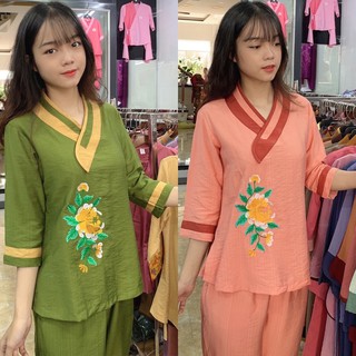 Đồ Lam Đi Chùa # Tim Bầu Hoa Thêu Vải Cao Cấp # Quần Áo Nữ # Đồ Bộ Nữ
