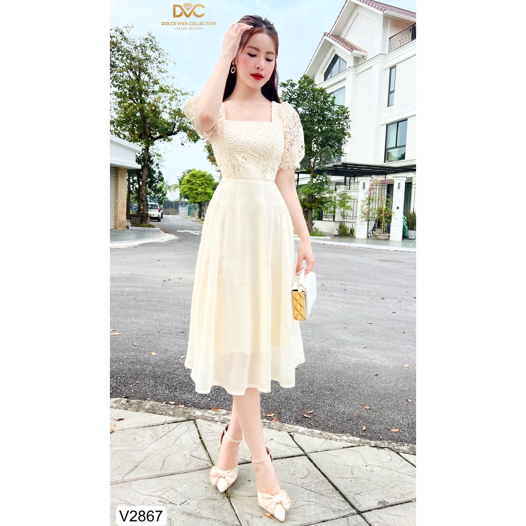 (KÈM VIDEO+ẢNH SÀN) VÁY BE KEM REN PHỐI TƠ CỔ V V2867-DOLCE VIVA COLLECTION