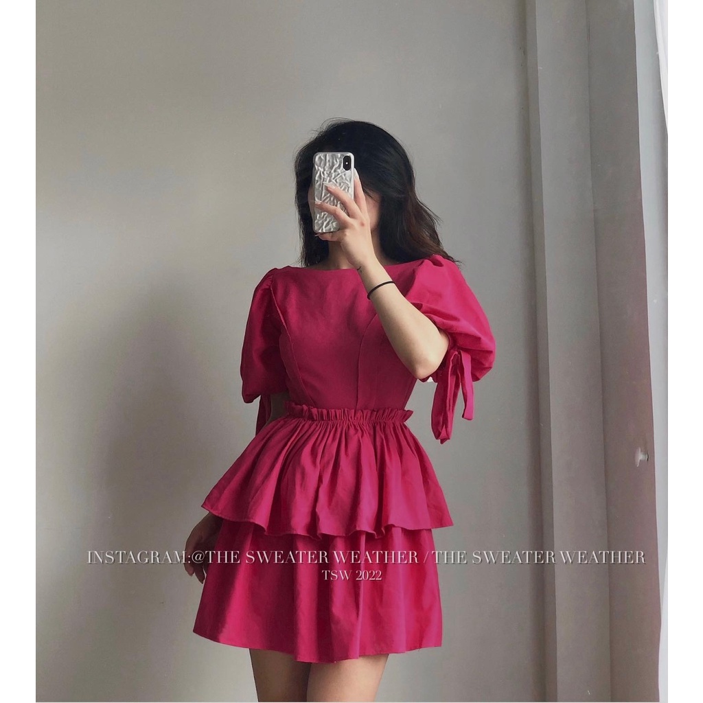 (Ảnh thật) Váy thô đũi mềm tay bồng xoè tầng the.sweaterweather TSW