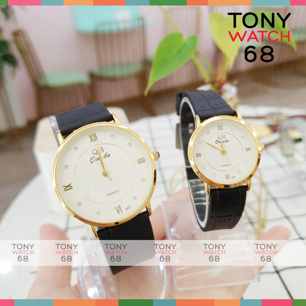 Cặp đồng hồ đôi nam nữ QB viền mạ vàng dây cao su siêu bền chính hãng Tony Watch 68