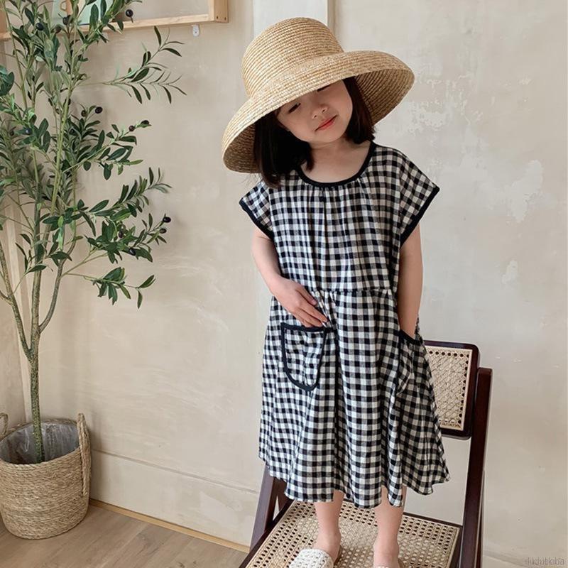 Đầm tay ngắn cổ tròn dáng rộng in họa tiết caro phối túi lớn thời trang mùa hè cho bé gái