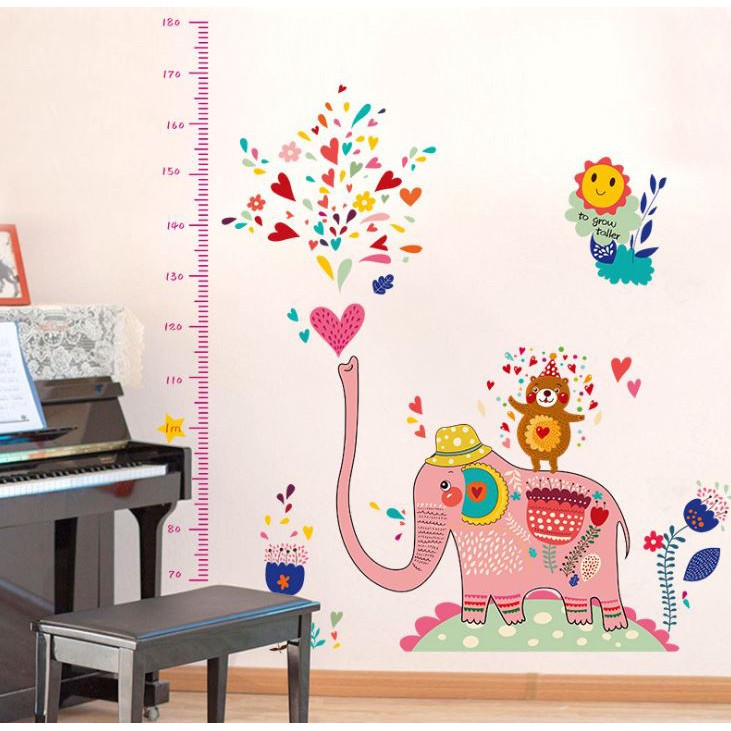 Decal dán tường thước đo chiều cao voi phun tim