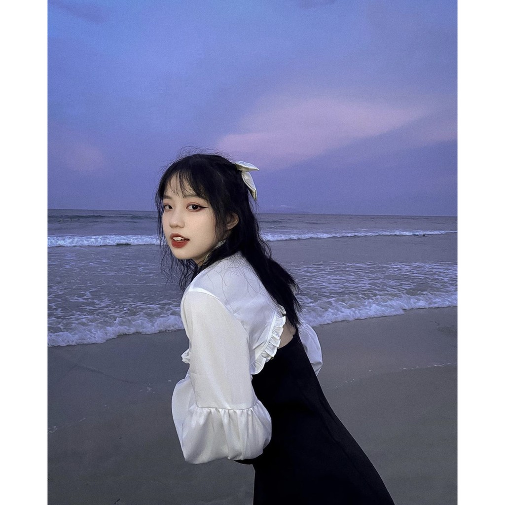 (CLIP THẬT) Đầm 2 dây phối áo croptop sơ mi tay bồng | BigBuy360 - bigbuy360.vn