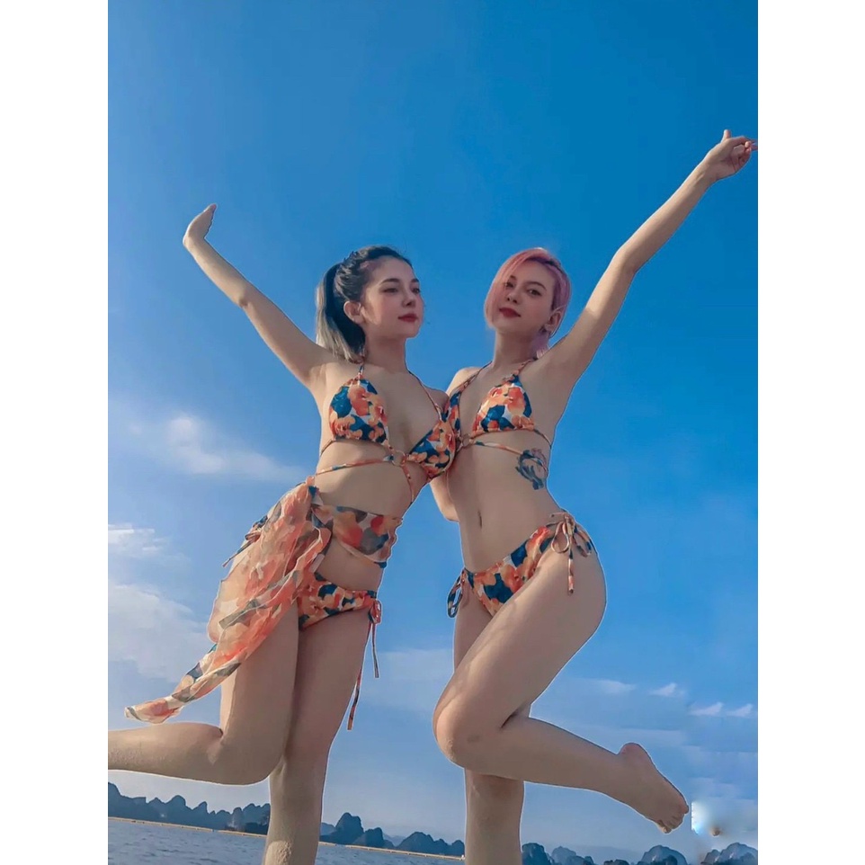 Bikini Đồ Bơi Hai Mảnh 3 Chi Tiết Họa Tiết Hoa Cam Độc Lạ BM-1182