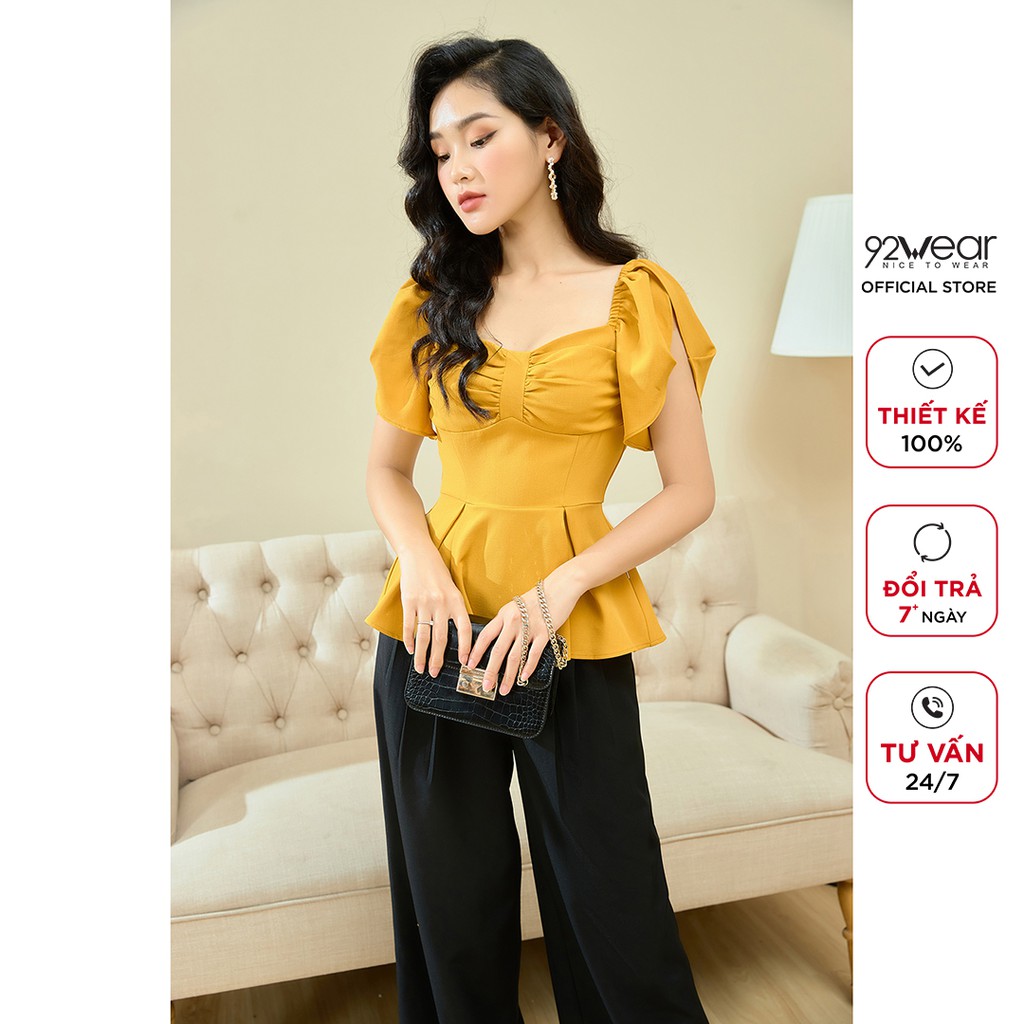 Áo sơ mi kiểu 92WEAR ngắn tay rút nhún ngực, tôn dáng phái đẹp ASA1188