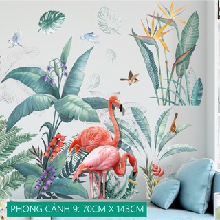 Decal dán tường hạc hồng và khóm chuối rừng nhiệt đới