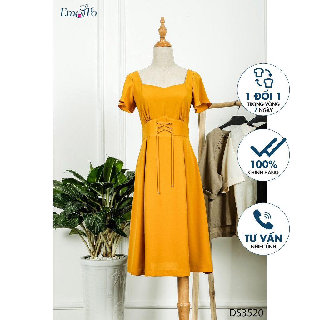 Đầm cổ vuông Emspo tay ngắn, phối đai eo thắt nơ DS3520
