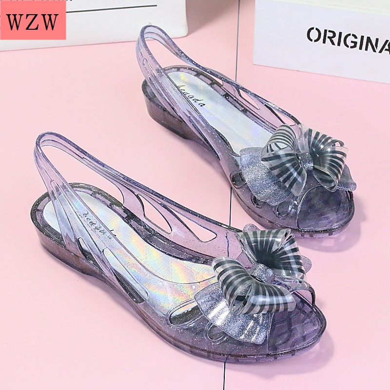 Giày Sandal Đế Bệt Bằng Nhựa Trong Suốt Phối Nơ Thời Trang Đi Biển Mùa Hè Cho Nữ