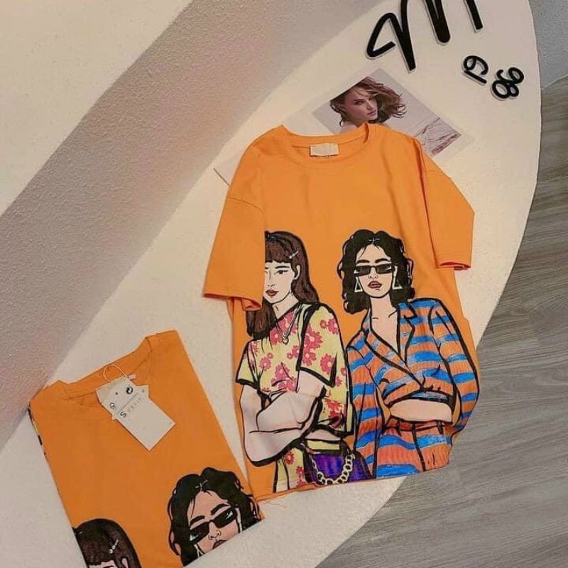 Áo phông nữ cổ tròn zr in hình 2 cô gái form rộng