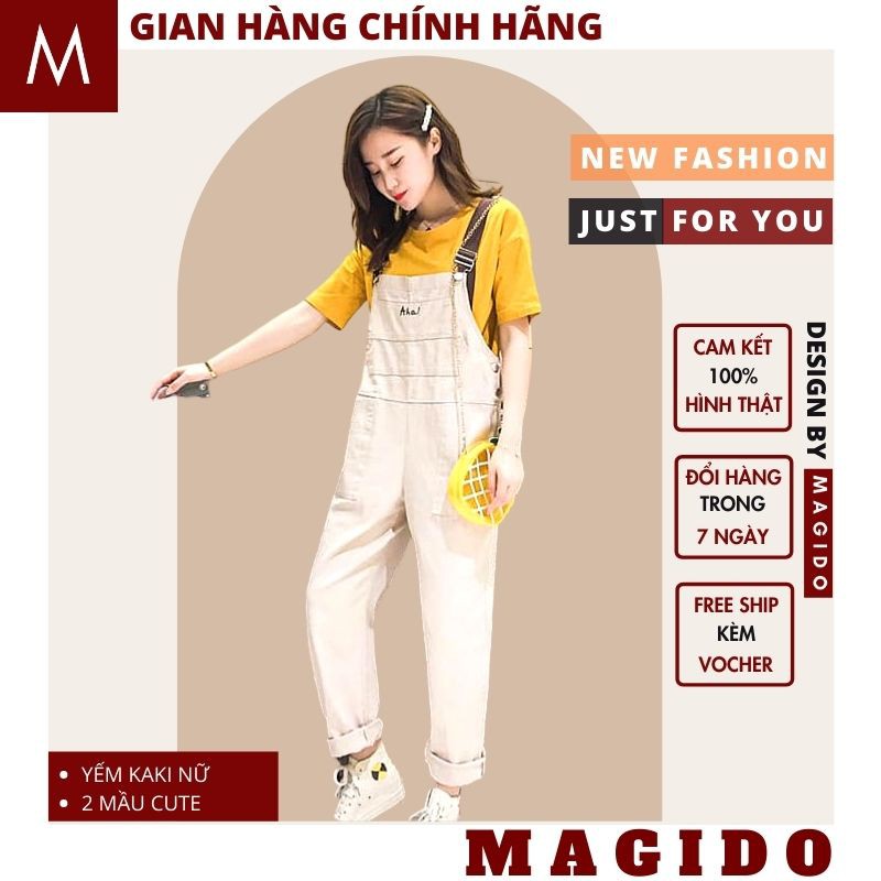 quần yếm quần kaki nữ -phong cách hàn quốc, Quần yếm kaki thêu AHA dây phối cực xinh ulzzang MAGIDO-(FREESHIP+ẢNH THẬT)