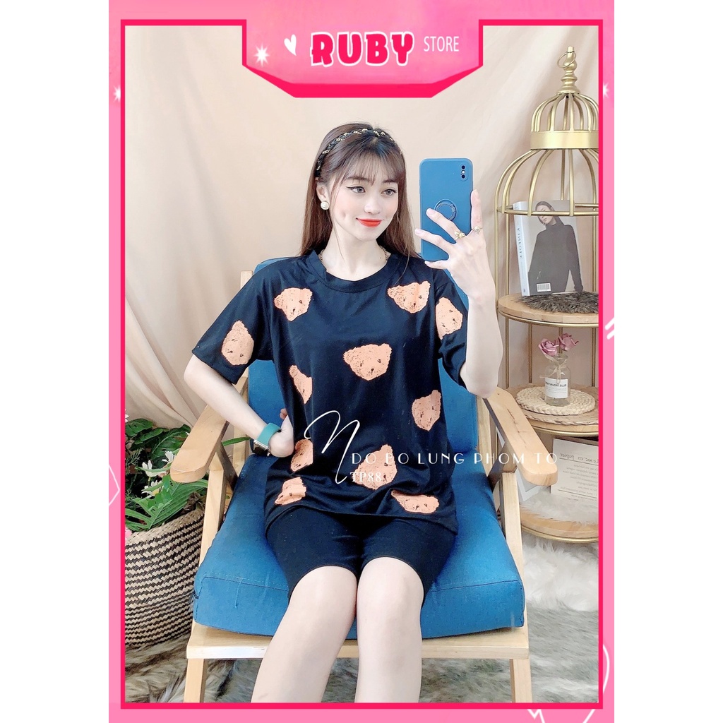 Đồ bộ thun lửng phom to cho nữ mặc nhà chất thun mềm mát in hình gấu hoạt hình dễ thương TP88