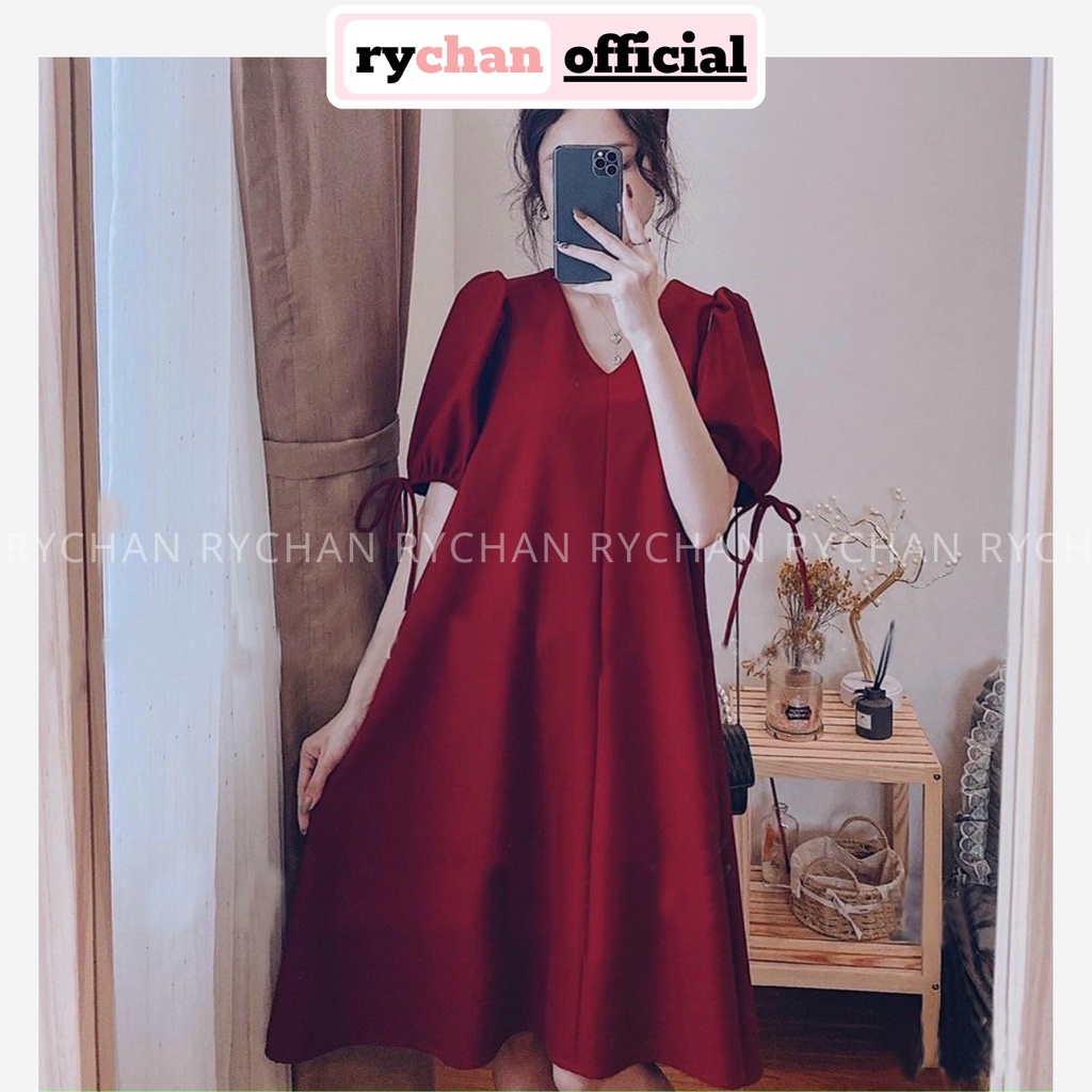 Đầm Suông Đi Chơi Cổ V Tay Phồng Thắt Nơ 2 Màu Nude Đỏ - DS0033