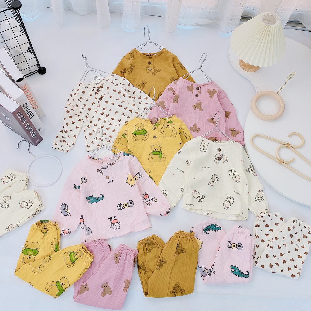 [DT61] Bộ Dài Tay KHUY Vải XÔ MUSLIN Cực HOT Cho Bé Đáng Yêu Chất Vải Nhẹ Nhàng Thoải Mái Size Từ 7-16KG VNXK Nhật-Hàn