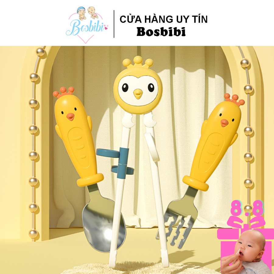 Bộ thìa đũa nĩa gà vương niệm hoạt hình siêu đáng yêu, Chính hãng kèm hộp đựng