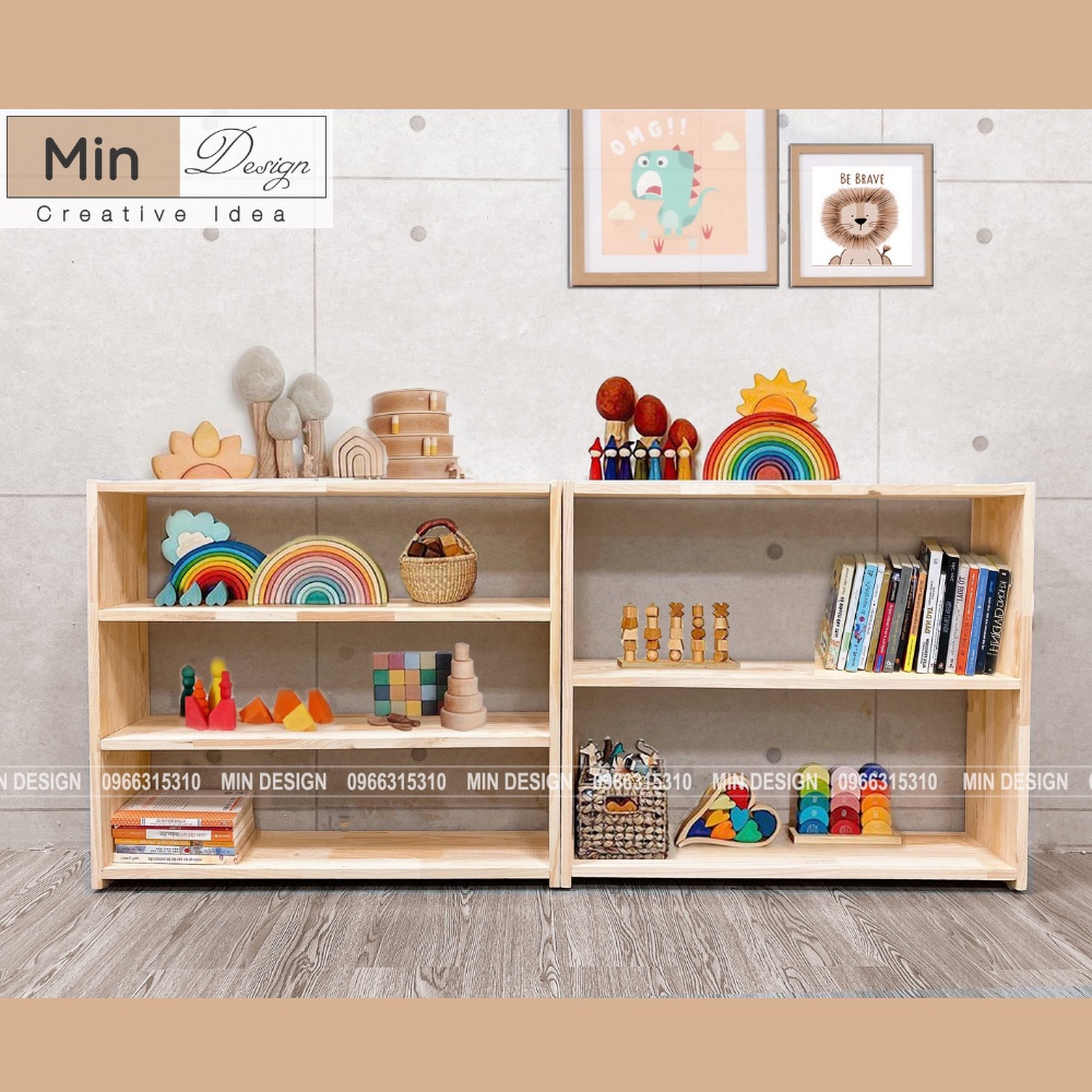 Tủ kệ đồ chơi,sách vở cho bé,  đa năng theo Montessori,trang trí phòng học, phòng ngủ,gỗ Thông nhập khẩu tự nhiên!