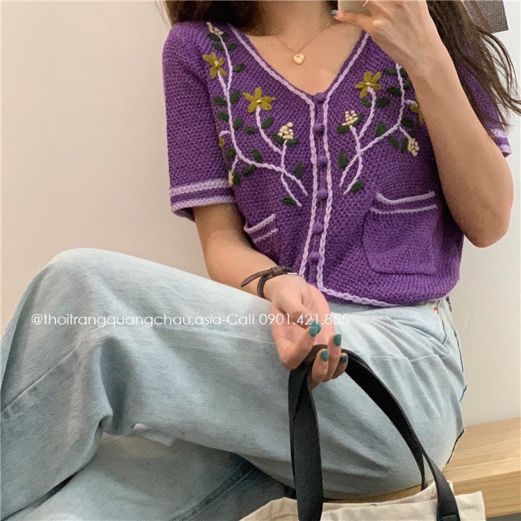 (Hàng Nhập) Áo Croptop Len Siêu Thông Thoáng Thêu Hoa &quot;Style Hàn Quốc&quot; OLOME1