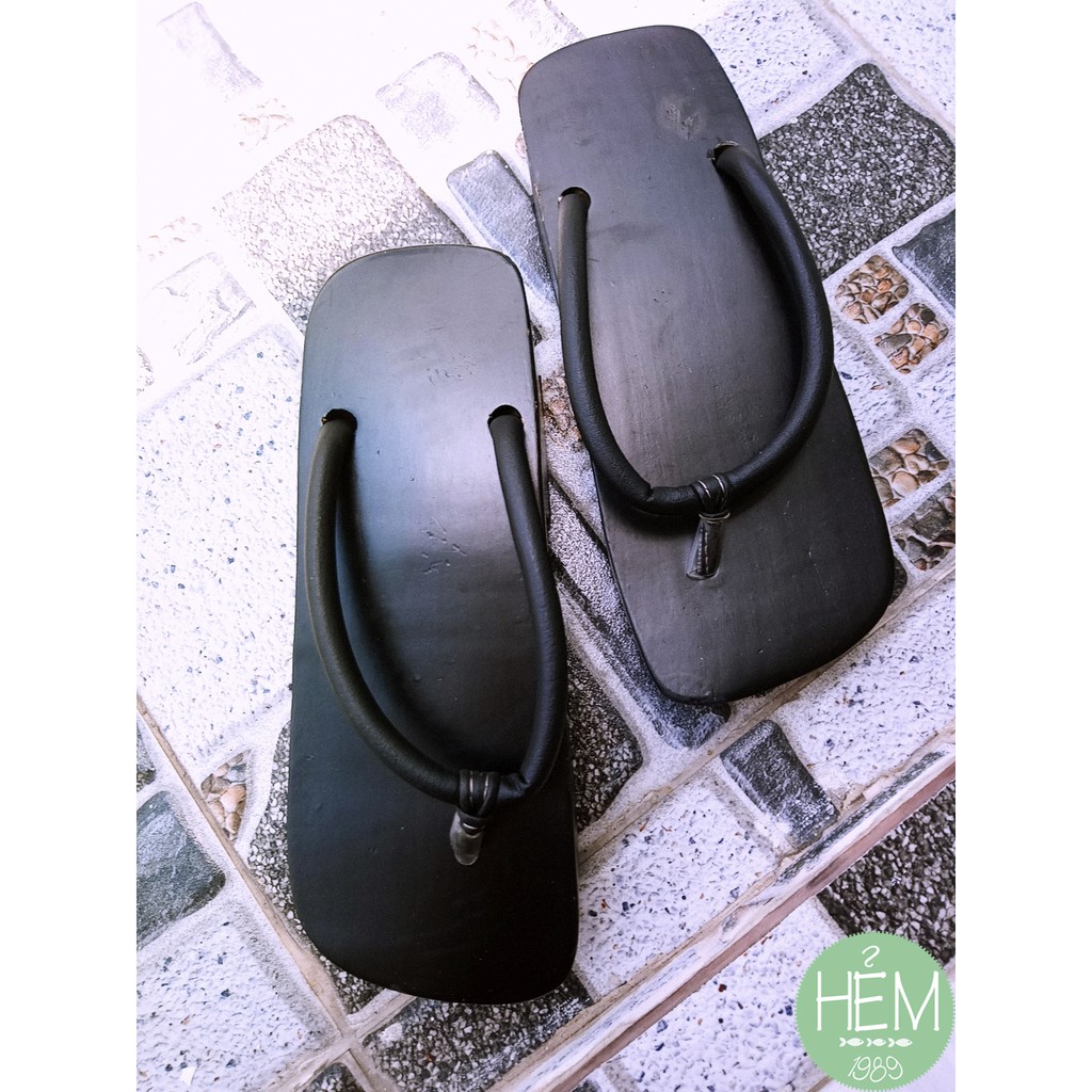 Guốc Nhật/ Geta 2 phân, 4 phân đế đen quai nhung đen/da đen