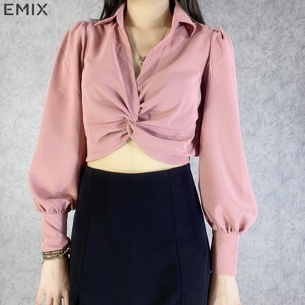 Áo sơ mi nữ xoắn eo EMIX (màu hồng), croptop, dài tay, không có cúc, bồng, vải lụa, mềm mịn, không nhăn