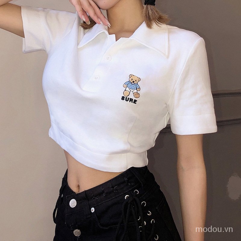 Áo Thun Nữ Tay Ngắn Cổ Polo Thêu Hình Gấu Dễ Thương